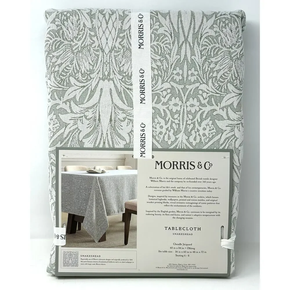 William Morris & Co Snakeshead OBLONG Tablecloth 60X84” In. Seats 6-8 Green Crm